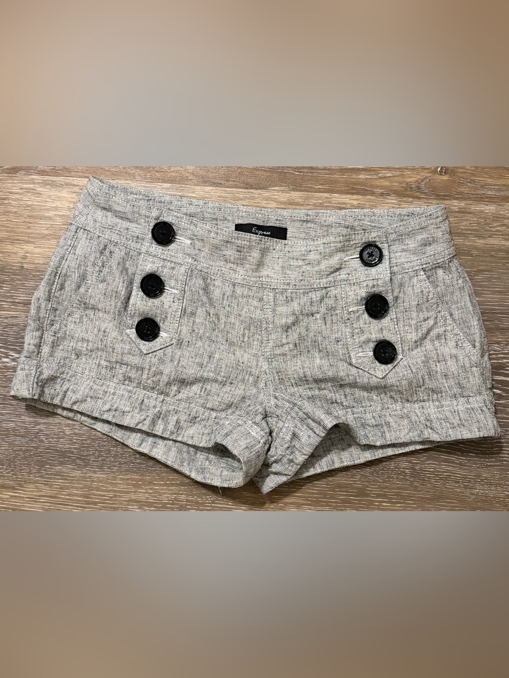 Vintage Express Gray Linen Low Rise Sailor Button Shorts NWOT Y2K
